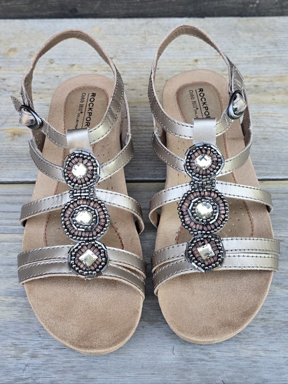 Rockport Cobb Hill Hannah Coastal Boho Metallic Beaded Comfort Wedge Sandal 7.5M